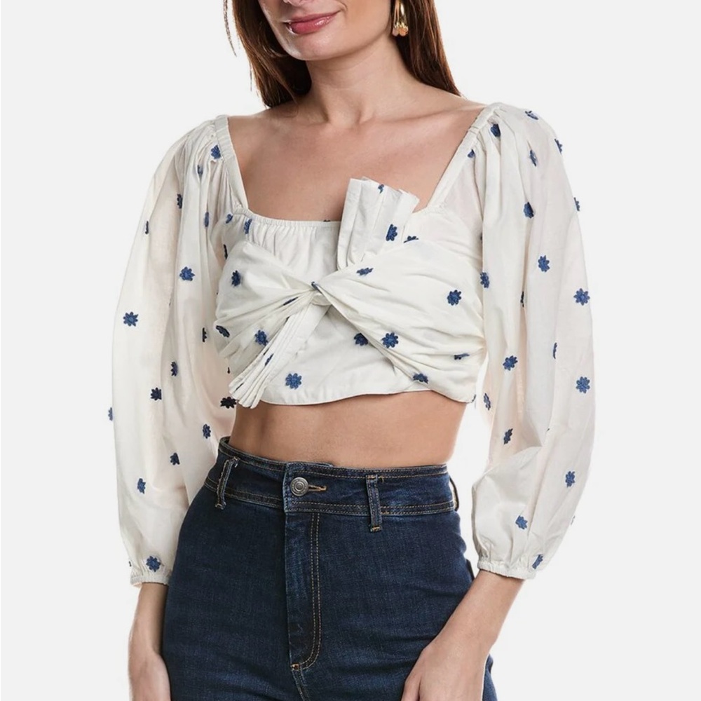 FARM Rio Blue Flowers Long Sleeve Crop Top